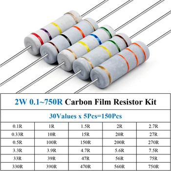 150Pcs 2W O 0,1~750R Uhlíka Film Odpor Najrôznejších Auta 30Values x 5 ks=150Pcs Vzorky Stavebnice Farebný Krúžok Odolnosť
