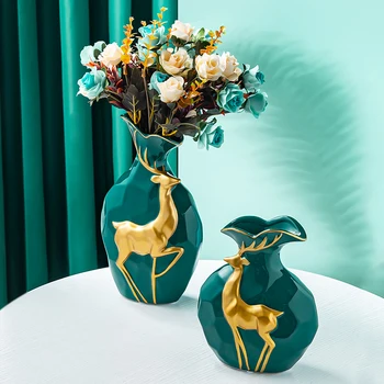 Zelená Keramické Zvierat Vyrezávané Váza Zlaté Šťastie, Jeleň Kvet Usporiadanie Nádoby Nordic Obývacia Izba Domáce Dekorácie Príslušenstvo