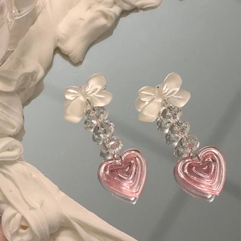 Móda Ružová Broskyňa Srdce Strapec Náušnice Pre Ženy Harajuku Bowknot Kórea Náušnice Živice Dlho Krištáľové Náušnice, Módne Šperky