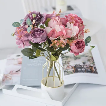 6 Vedúci Svadobné Nordic Umelý Kvet Kytice Falošné Kvety Izba Dekorácie, Ozdoby Plastové Ruže Kytice Hodváb Flowe