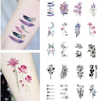 1pc Kvetinový Pierko Dočasné Tetovanie Nálepky Prírodné Lily Rose Vzor Rameno Nohu Body Art Nepremokavé Akvarel Falošné Tetovanie Nálepky