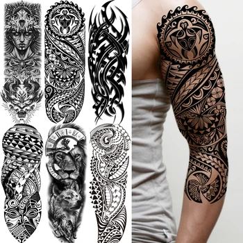 Tribal Maori Dočasné Tetovanie Rukávom Pre Mužov, Ženy, Dospelých, Vlk, Lev Tetovanie Nálepky Čierna Veľká Korytnačka Tiki Falošné Tatoos Dodávky