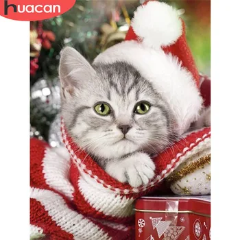 HUACAN Vianočné 5D DIY Diamond Maľovanie Mačka Plný Vrták Námestie Diamond Výšivky Psa Zimná Výzdoba Domov Obraz Drahokamu