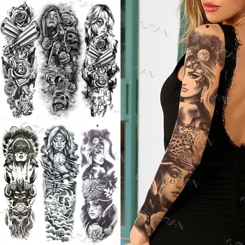 Indický Mníška Plný Arm Tattoo Rukáv Pre Ženy, Dievča, Fake Tribal Totem Mesiac Leopard Realistické Dočasné Tetovanie Tela Pokrýva Tetovanie