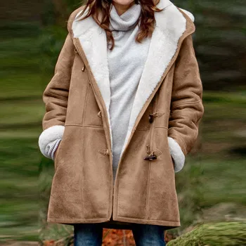 2021 Ženy Zime Tuhé Coats Plus Zamatový Kabát Dlhý Rukáv Horn Pracky Vrecko Na Kabát S Kapucňou Teplé Kabáty Plus Veľkosť