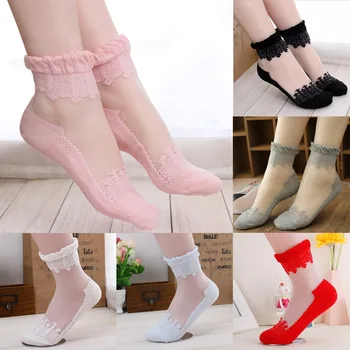 Dámske Ponožky Roztomilý Ultratenké Transparentné Krásne Crystal Hodváb Čipky Elastické Krátke Ponožky Roztomilý Sieťovina Členkové Ponožky Lolita
