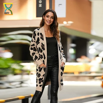 CGYY Cardigan Leopard Pletené Dámske Dlhý Rukáv Jar Jeseň Svetre Módne 2021 Kabát Pre Ženy Lady Outwear Coats