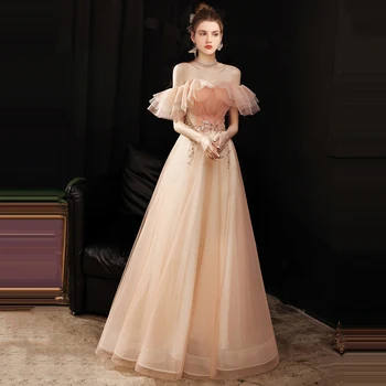 LAMYA Princezná Ramena Večer Party Šaty Ružové Dlhé čiary Prom Šaty Sequined Plus Veľkosť Korálky Vestido De Noiva