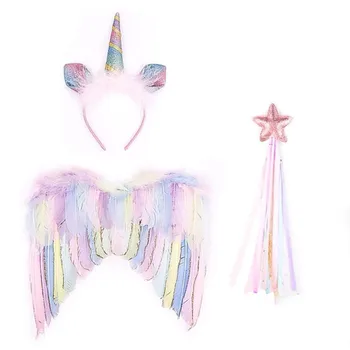 Rainbow Dievčatká Anjel Perie Krídel Jednorožec Tému Parti Unicornion Jednej 1. Narodeniny Party Dekor Jednorožec Baby Sprcha Dievča