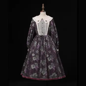 Viktoriánskej Vintage Lolita OP Šaty Žien Kawaii Hrozna Výšivky Peter Pan Golier Elegantné Princezná Šaty Vysoký Pás Party Šaty
