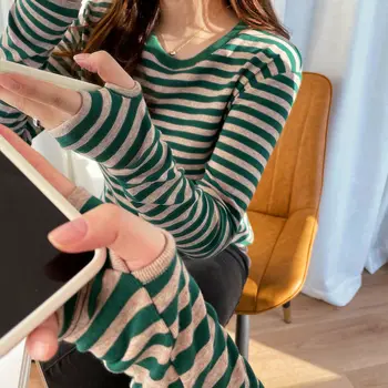 Dlhý Rukáv dámske tričká, Šaty, Topy Rukavice Módne kórejský Bavlna Piercing Elegantný Pruhovaný Palec Jeseň Pulovers Bežné