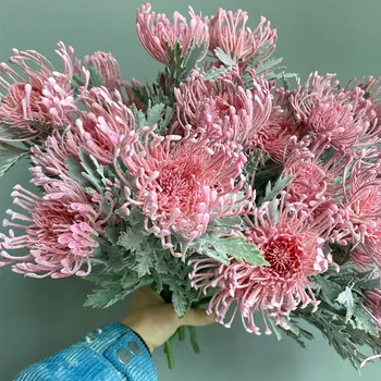 Vysoká kvalita všívaných Pincushion umelý kvet s falošný list flores artificiales krátke pobočky obývacej miestnosti dekorácie