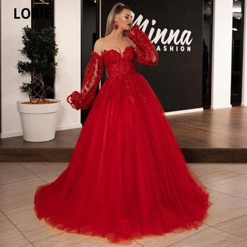LORIE Červené Večerné Šaty Formálne Dlhý Rukáv Ramena Čipky Appliques Prom Šaty Plus Veľkosť Späť Sťahovacie Princezná Šaty
