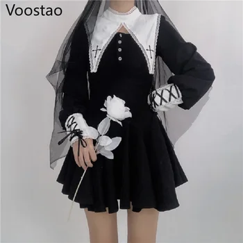Tmavé Gothic Lolita Šaty Žien Vintage Viktoriánskej Čipky Patchwork Stojan Golier Mini Šaty Japonský Dievčenskú Elegantné Punk Party Šaty
