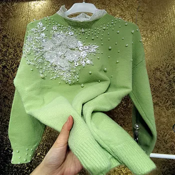 Ťažký priemysel zimné móda korálkové voľné klesnutie sveter ženy dlhý rukáv hrubé čipky rozstrapatené pulóvre