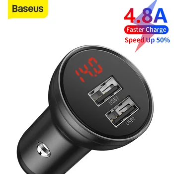 Baseus 4.8 A 24W Rýchle Nabíjanie Duálny USB Nabíjačka do Auta S celokovový Digitálny Displej Auto Cigaretový Zapaľovač Pre iPhone Huawei Xiao