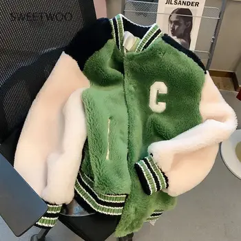 Zelená Baseball Kabát dámske Zimné Bundy Faux Teddy Kožušinový Kabát Základné Bunda vrchné oblečenie Žien Dámske Vintage Harajuku Kawaii 2022