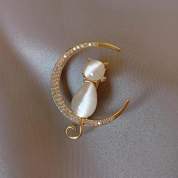 Kórejský Módne Imitácia Perly Brošňa Pre Ženy, Dievča Krásne Mesiac Mačka Brošňa Strany Lesklý Drahokamu Príslušenstvo Veľkoobchod Šperky