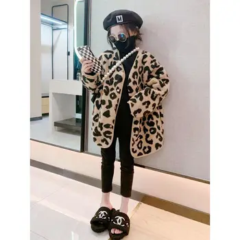 Dievčatá Módneho Tvaru Leopard Tlač Cardigan Jeseň Zima Vlnené Kožušinové Bundy Deti Streetwear Vrchné Oblečenie Kórejské Deti Oblečenie