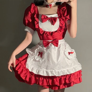 Japonské Dievčatá Sexy Mačka Slúžka Oblečenie Červená Roztomilé Lady Krátkym Rukávom Letné Denné Vyhovovali Slúžka Lolita COS Ša